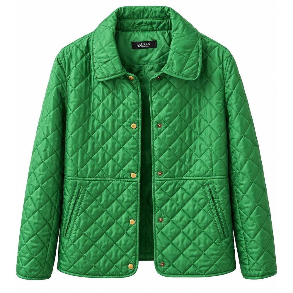 Lauren Ralph Lauren Green Quilted Snap Front Jacket Women L Diamond Pattern